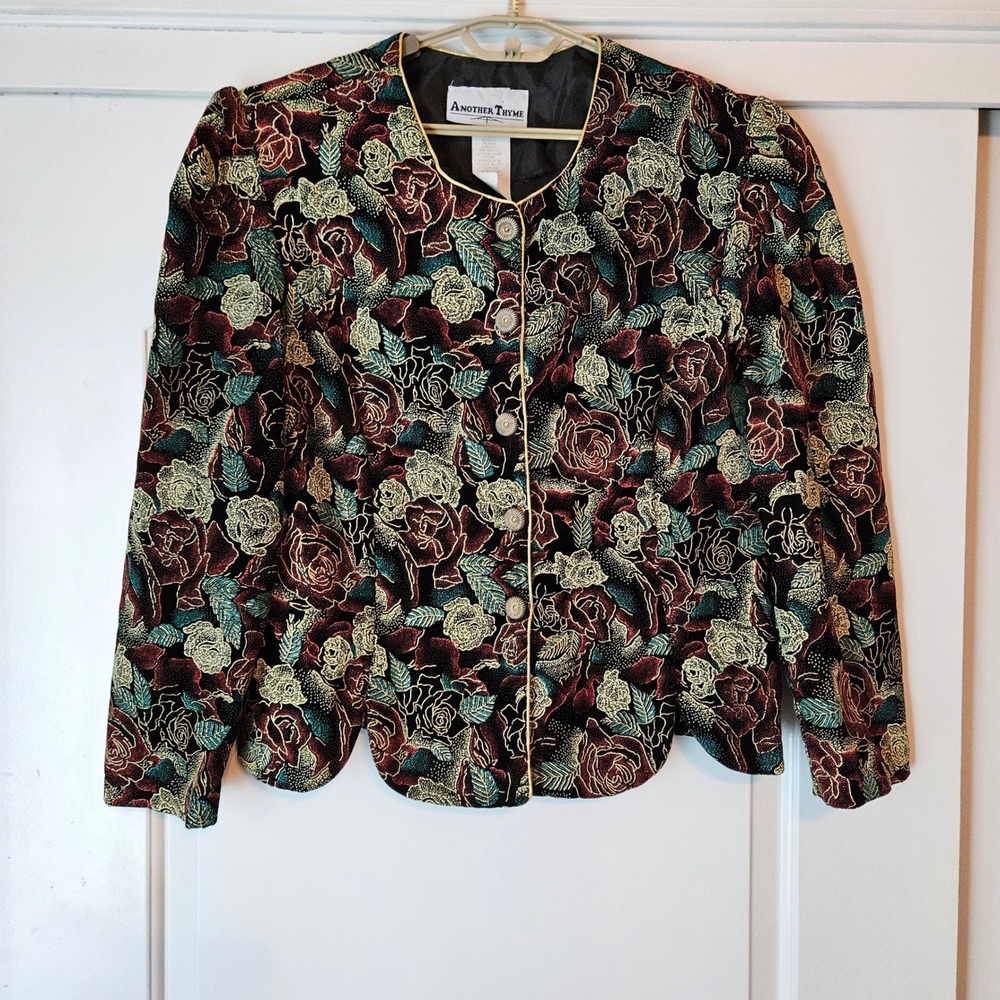 Vintage Floral Blazer Jacket Large Art to Wear Whimsigoth Statement Gold Holiday